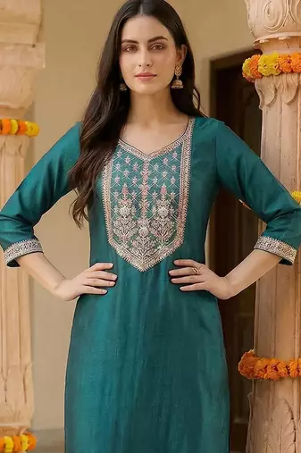 Women Ethnic Motifs Embroidered Regular Thread Work Liva Kurta with Palazzos