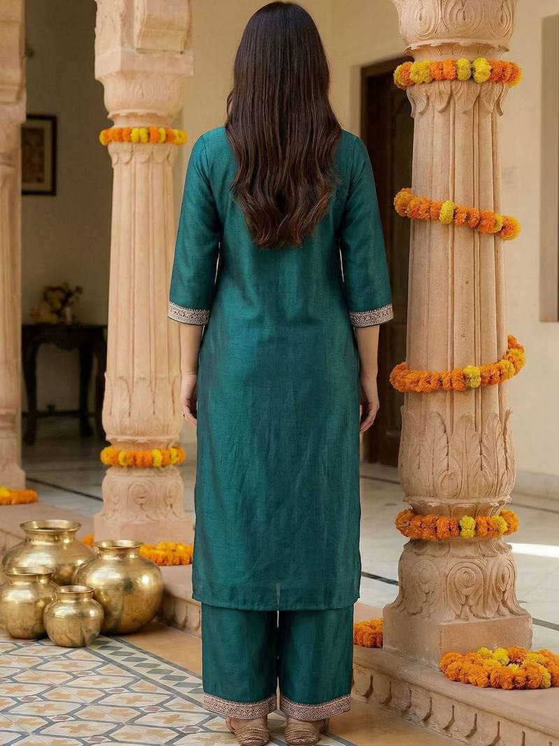 Women Ethnic Motifs Embroidered Regular Thread Work Liva Kurta with Palazzos