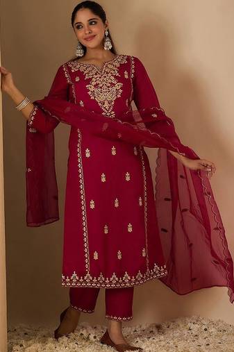 Women Ethnic Motifs Embroidered Regular Kurta with Trousers & With Dupatta