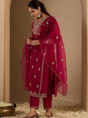 Women Ethnic Motifs Embroidered Regular Kurta with Trousers & With Dupatta 2