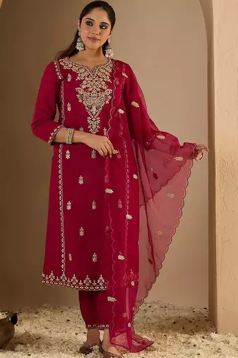 Women Ethnic Motifs Embroidered Regular Kurta with Trousers & With Dupatta