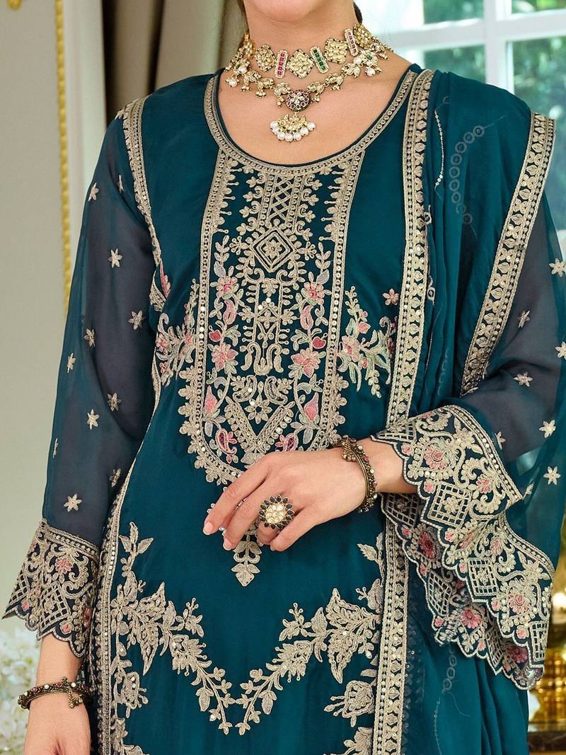 Women Ethnic Motifs Embroidered Regular Thread Work Kurta with Trousers & With Dupatta