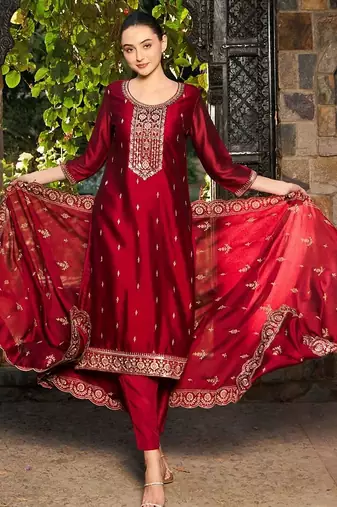 Women Ethnic Motifs Embroidered Regular Thread Work Kurta with Trousers & With Dupatta