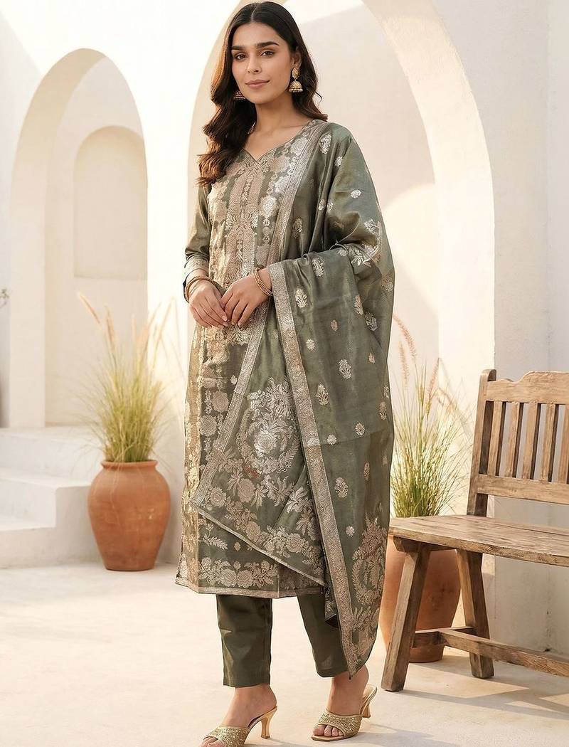 Women Ethnic Motifs Regular Kurta with Trousers & With Dupatta