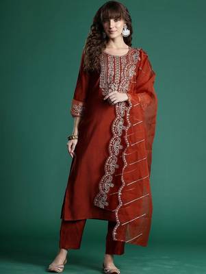 Women Ethnic Motifs Embroidered Regular Thread Work Liva Kurta with Trousers & With Dupatta 1