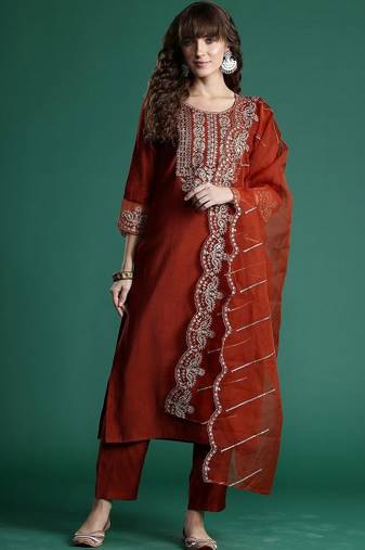 Women Ethnic Motifs Embroidered Regular Thread Work Liva Kurta with Trousers & With Dupatta