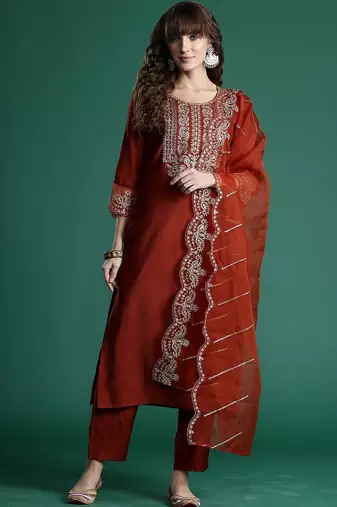 Women Ethnic Motifs Embroidered Regular Thread Work Liva Kurta with Trousers & With Dupatta