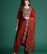 Women Ethnic Motifs Embroidered Regular Thread Work Liva Kurta with Trousers & With Dupatta