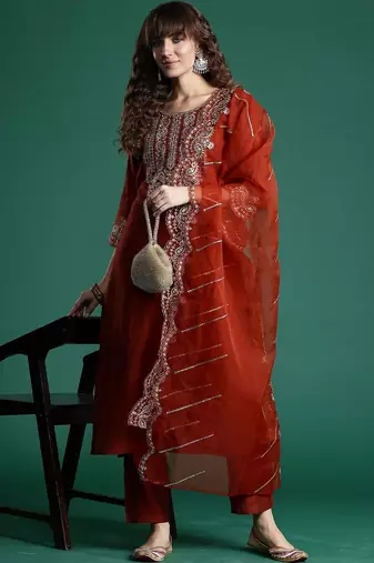 Women Ethnic Motifs Embroidered Regular Thread Work Liva Kurta with Trousers & With Dupatta