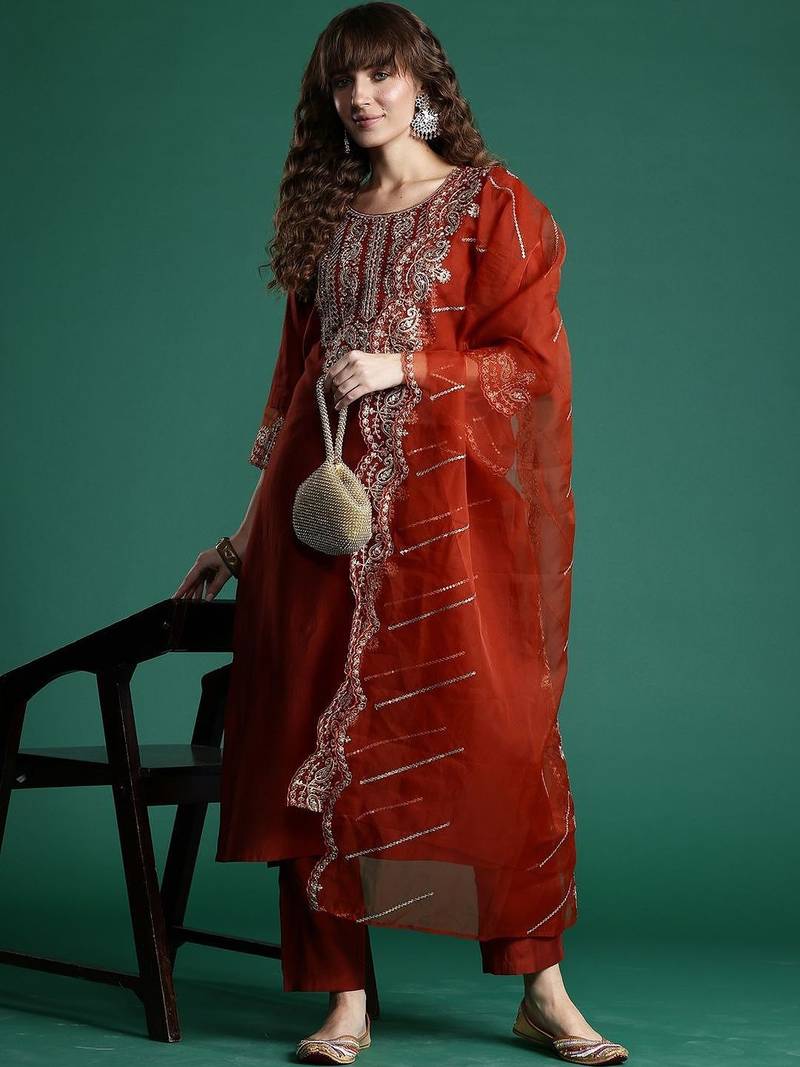 Women Ethnic Motifs Embroidered Regular Thread Work Liva Kurta with Trousers & With Dupatta