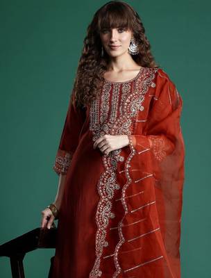 Women Ethnic Motifs Embroidered Regular Thread Work Liva Kurta with Trousers & With Dupatta 3