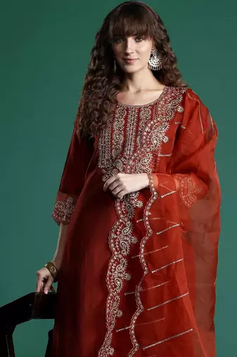 Women Ethnic Motifs Embroidered Regular Thread Work Liva Kurta with Trousers & With Dupatta