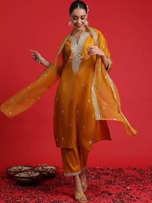 Women Ethnic Motifs Embroidered Regular Kurta with Trousers & With Dupatta 5
