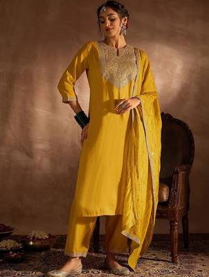 Women Embroidered Regular Thread Work Kurta with Trousers & With Dupatta 1