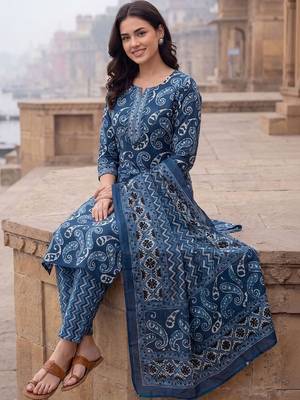 Women Ethnic Motifs Printed Regular Pure Cotton Kurta with Trousers & With Dupatta 1