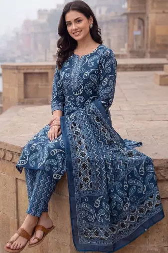 Women Ethnic Motifs Printed Regular Pure Cotton Kurta with Trousers & With Dupatta