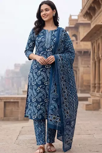 Women Ethnic Motifs Printed Regular Pure Cotton Kurta with Trousers & With Dupatta