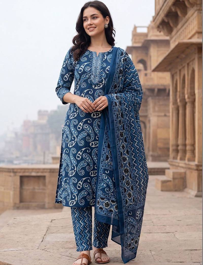Women Ethnic Motifs Printed Regular Pure Cotton Kurta with Trousers & With Dupatta