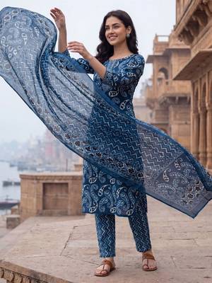 Women Ethnic Motifs Printed Regular Pure Cotton Kurta with Trousers & With Dupatta 3