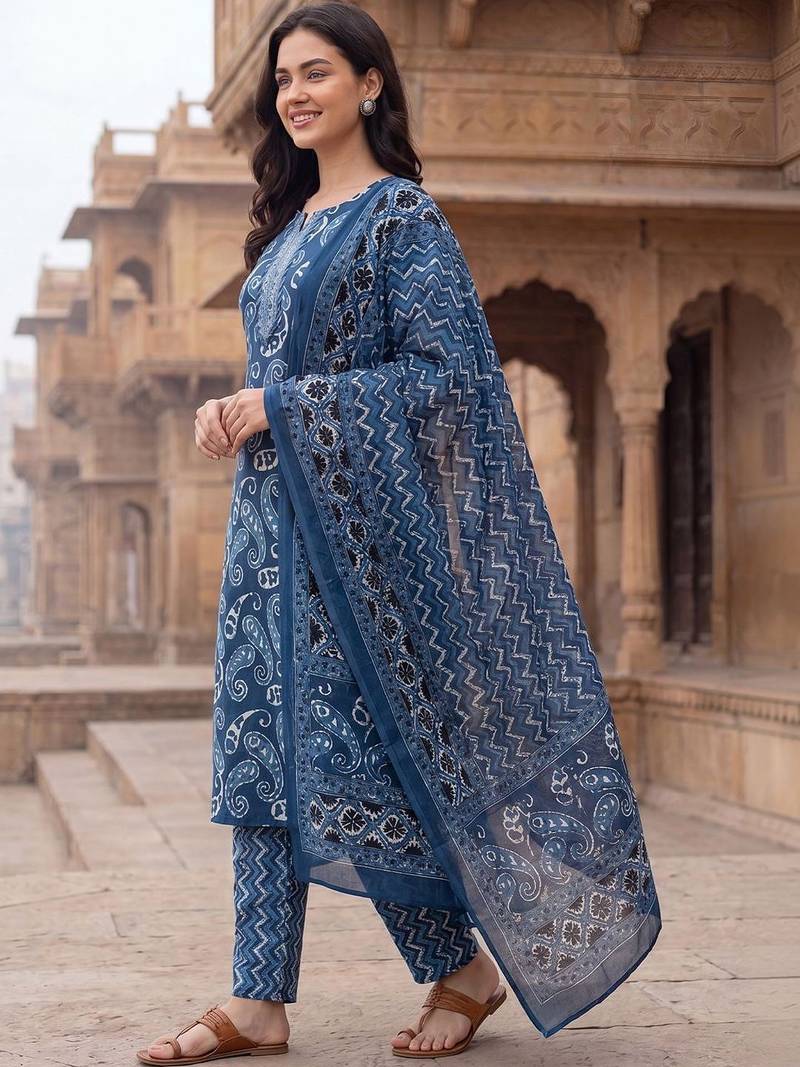Women Ethnic Motifs Printed Regular Pure Cotton Kurta with Trousers & With Dupatta