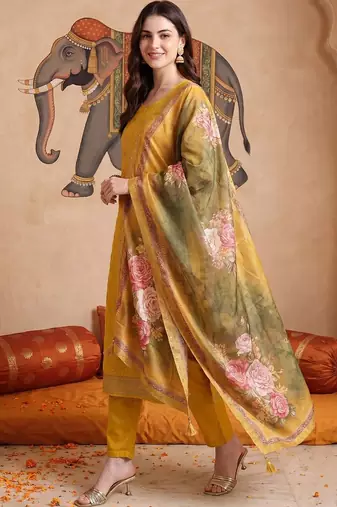 Women Woven Design Regular Thread Work Kurta With Trousers & With Dupatta