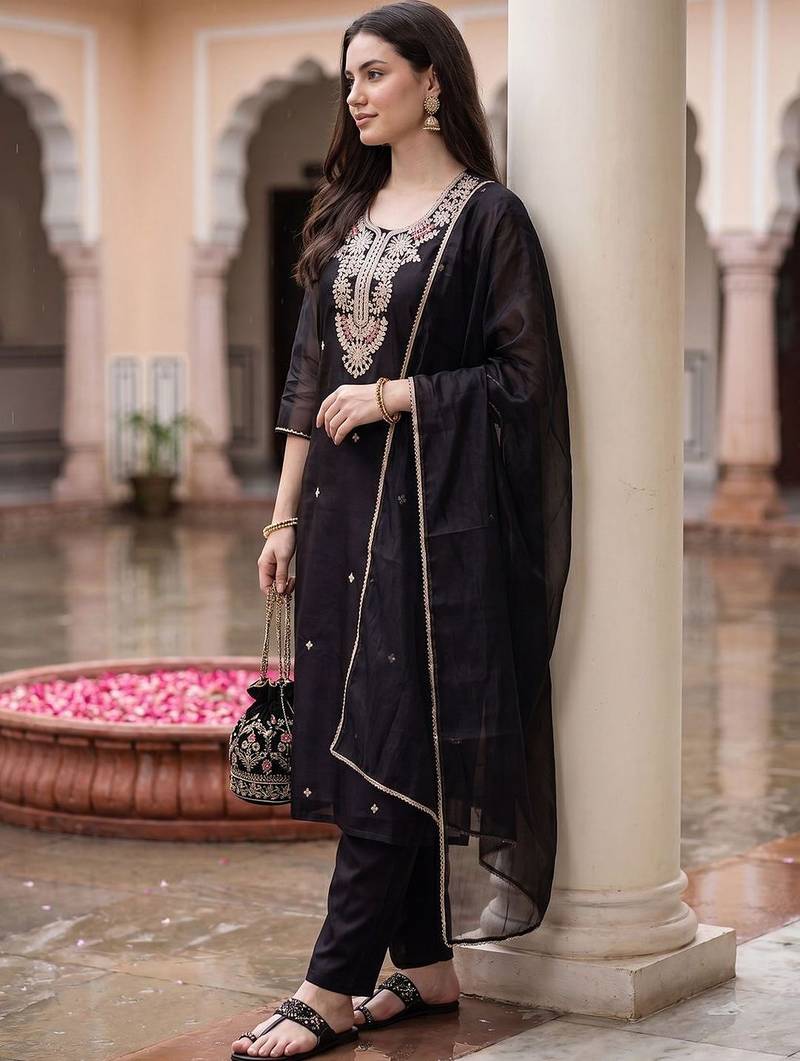 Women Ethnic Motifs Embroidered Regular Thread Work Kurta with Trousers & With Dupatta
