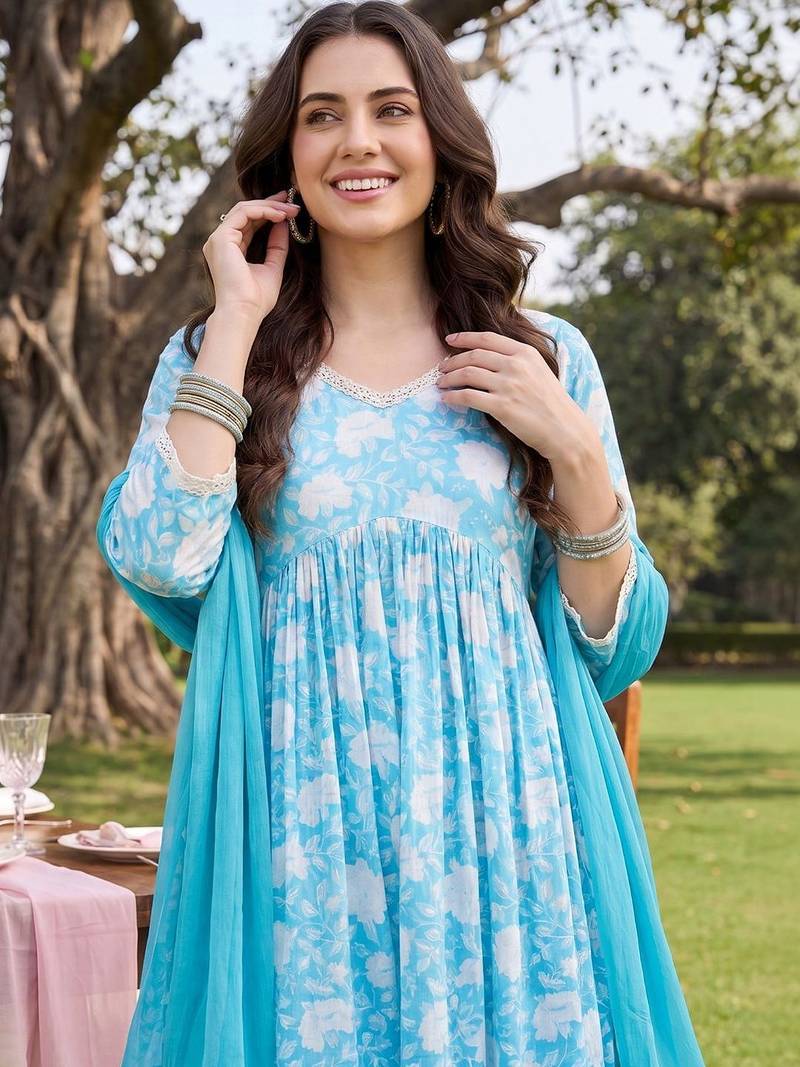 Women Floral Printed Empire Pure Cotton Kurta with Trousers & With Dupatta