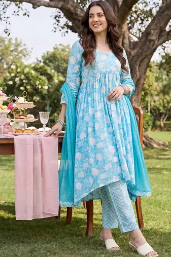 Women Floral Printed Empire Pure Cotton Kurta with Trousers & With Dupatta