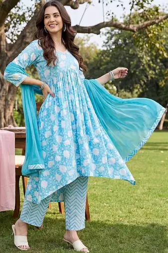 Women Floral Printed Empire Pure Cotton Kurta with Trousers & With Dupatta