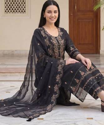 Women Ethnic Motifs Embroidered Regular Thread Work Kurta with Trousers & With Dupatta 1