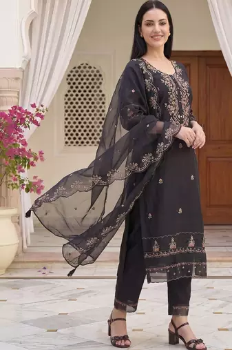 Women Ethnic Motifs Embroidered Regular Thread Work Kurta with Trousers & With Dupatta