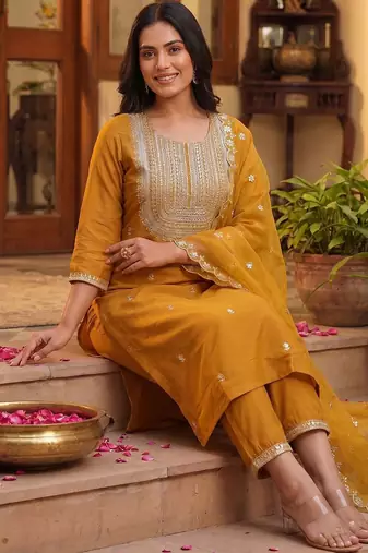 Women Ethnic Motifs Embroidered Regular Thread Work Kurta with Trousers & With Dupatta