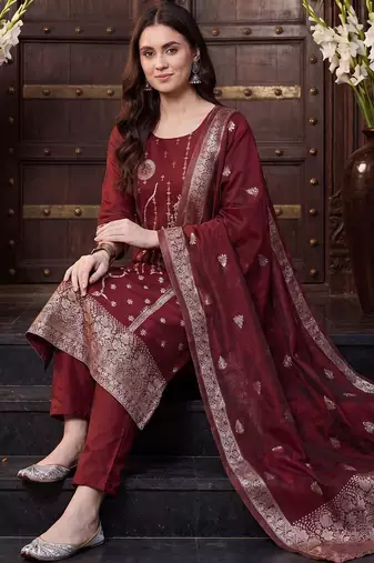 Women Ethnic Motifs Regular Kurta with Trousers & With Dupatta