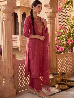 Women Ethnic Motifs Embroidered Regular Thread Work Kurta with Trousers & With Dupatta 1