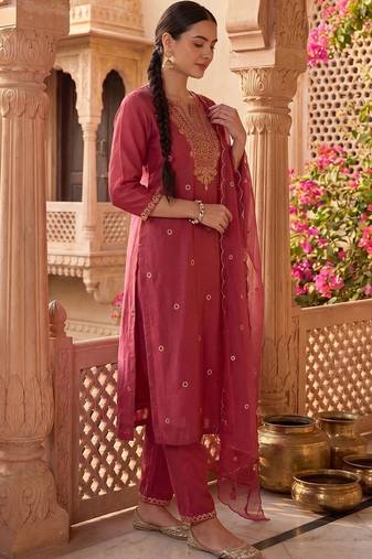 Women Ethnic Motifs Embroidered Regular Thread Work Kurta with Trousers & With Dupatta