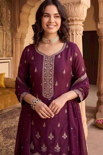 Women Ethnic Motifs Embroidered Regular Thread Work Kurta with Sharara & With Dupatta