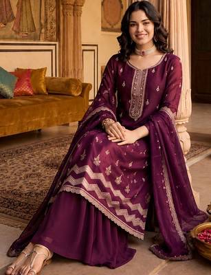 Women Ethnic Motifs Embroidered Regular Thread Work Kurta with Sharara & With Dupatta 2
