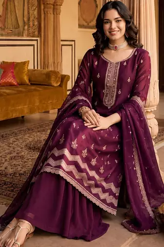 Women Ethnic Motifs Embroidered Regular Thread Work Kurta with Sharara & With Dupatta