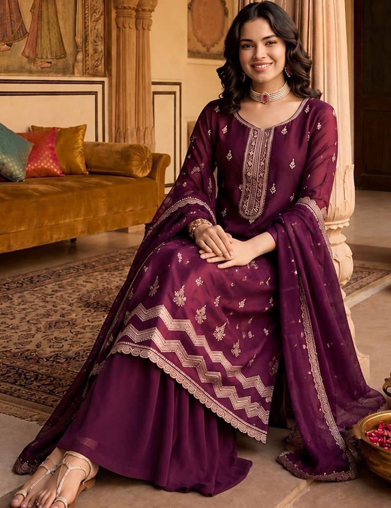 Women Ethnic Motifs Embroidered Regular Thread Work Kurta with Sharara & With Dupatta