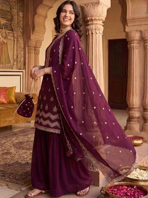 Women Ethnic Motifs Embroidered Regular Thread Work Kurta with Sharara & With Dupatta 3