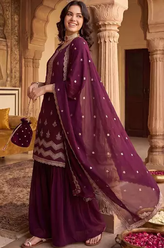 Women Ethnic Motifs Embroidered Regular Thread Work Kurta with Sharara & With Dupatta