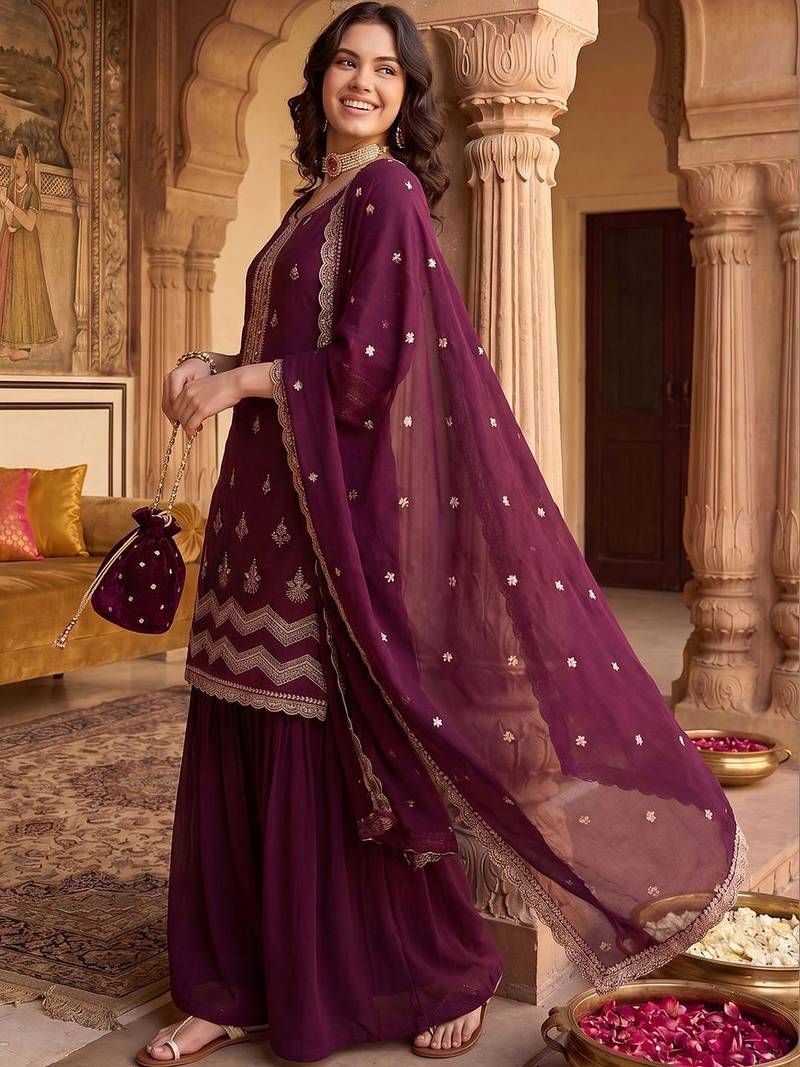 Women Ethnic Motifs Embroidered Regular Thread Work Kurta with Sharara & With Dupatta