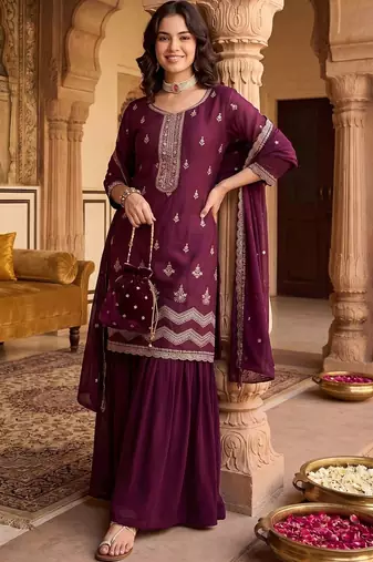 Women Ethnic Motifs Embroidered Regular Thread Work Kurta with Sharara & With Dupatta