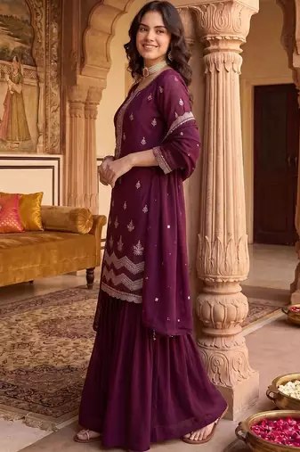 Women Ethnic Motifs Embroidered Regular Thread Work Kurta with Sharara & With Dupatta