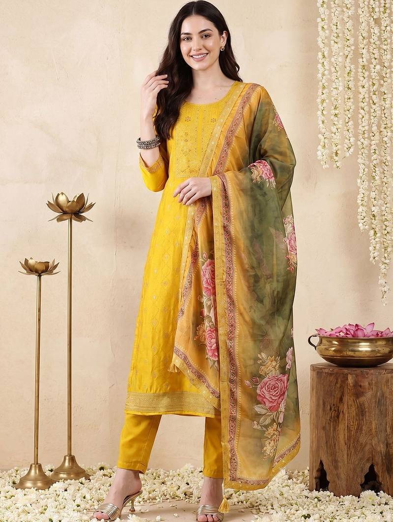 Women Floral Embroidered Regular Thread Work Kurta with Trousers & With Dupatta