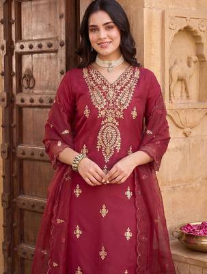 Women Ethnic Motifs Embroidered Regular Kurta with Trousers & With Dupatta 2