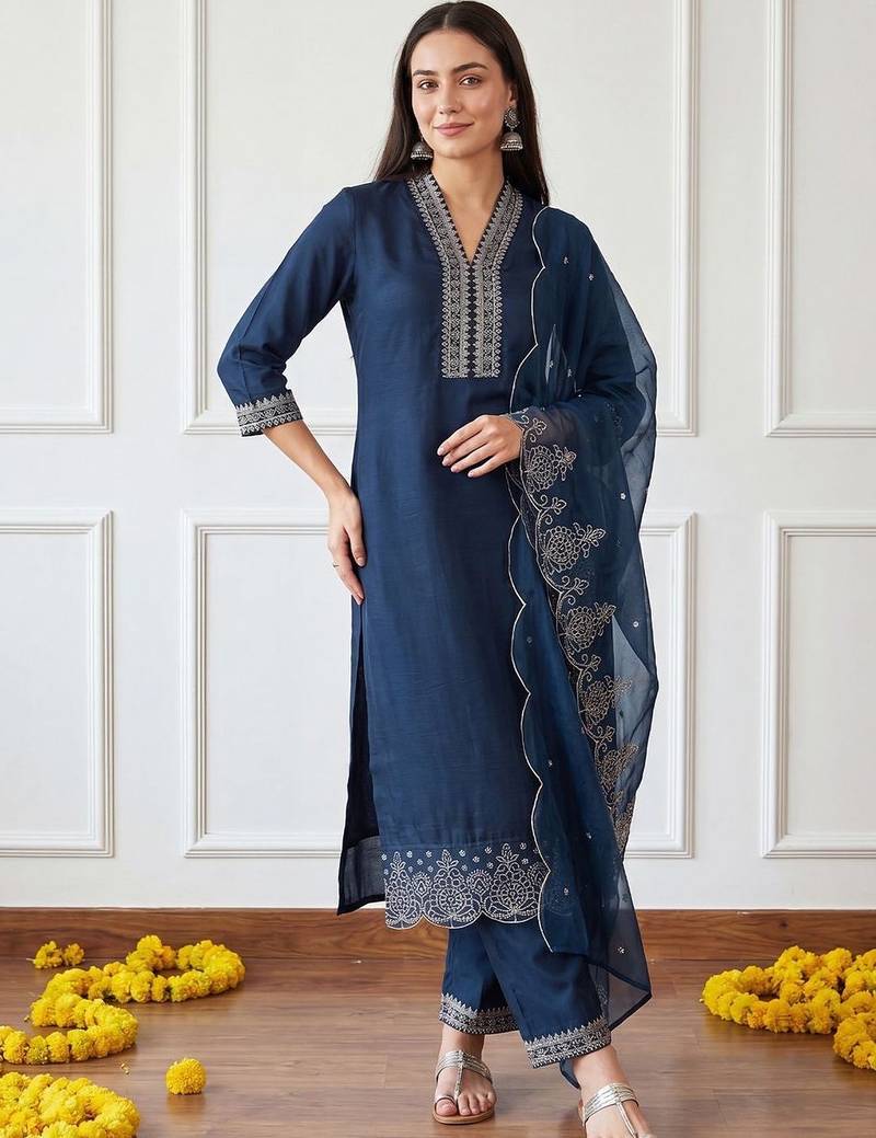 Women Ethnic Motifs Embroidered Regular Thread Work Kurta with Trousers & With Dupatta