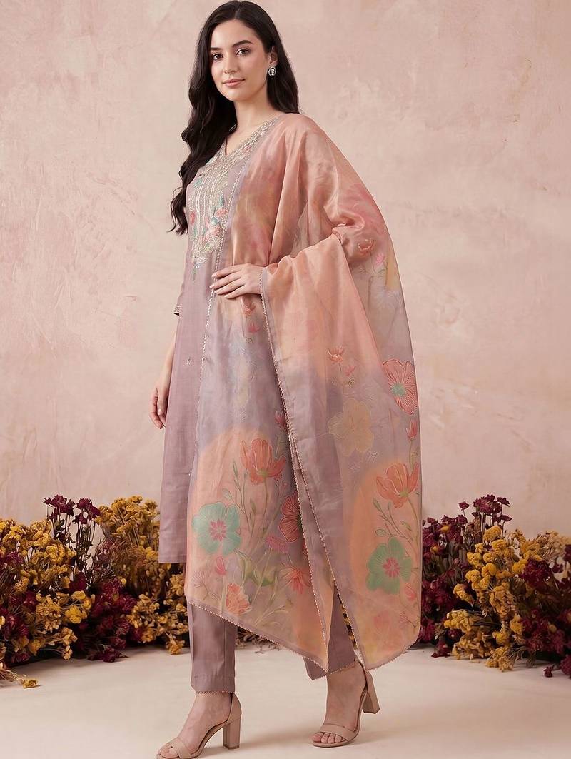 Women Floral Embroidered Regular Mirror Work Kurta with Trousers & With Dupatta