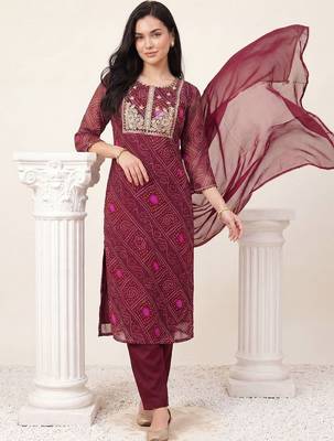 Women Bandhani Dyed Regular Thread Work Kurta with Trousers & With Dupatta 1