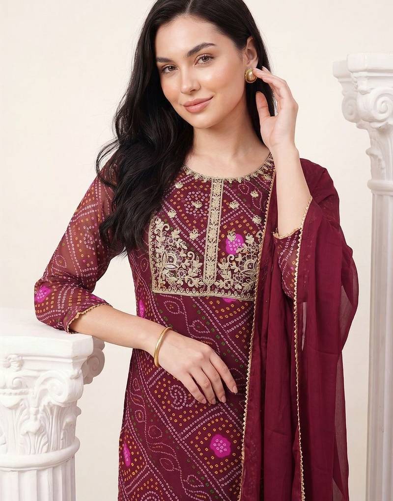 Women Bandhani Dyed Regular Thread Work Kurta with Trousers & With Dupatta